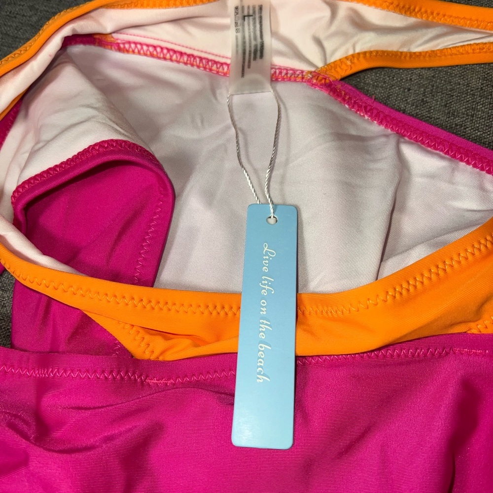Live Life on the Beach Pink Orange Colorblock Cutout Bikini Set Size L NEW - Picture 6 of 6